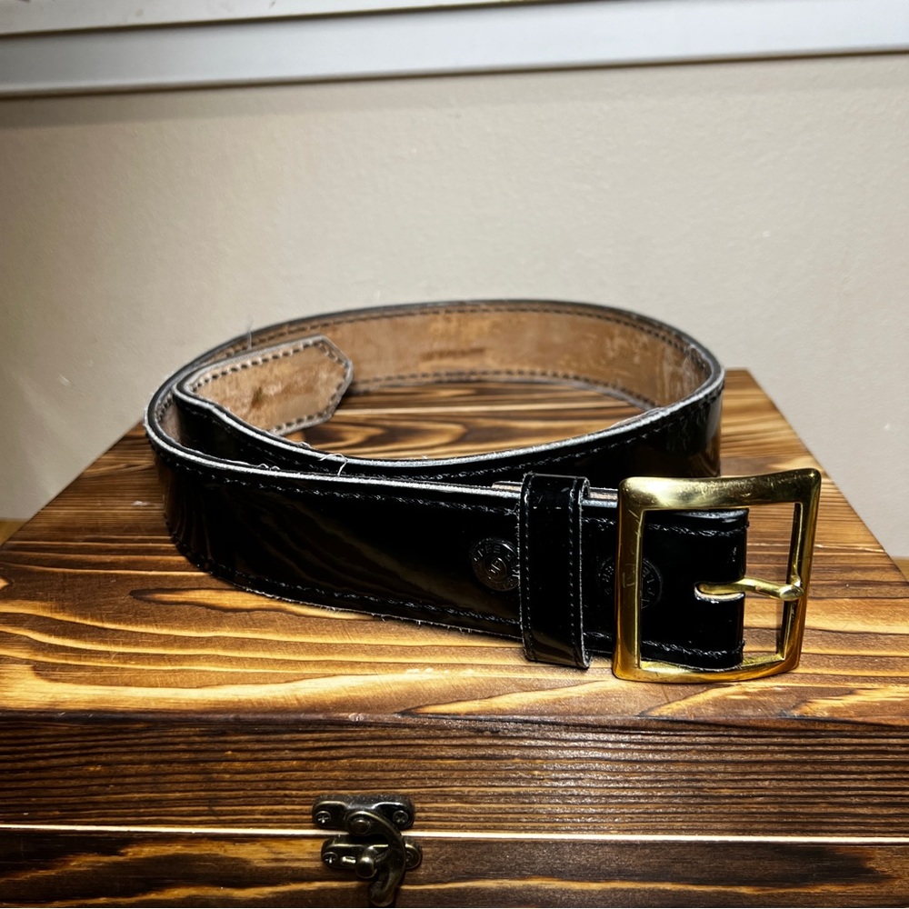 Jay-Pee Vtg Lined High Gloss Black Leather Duty Waist Belt Brass Buckle Taiwan
